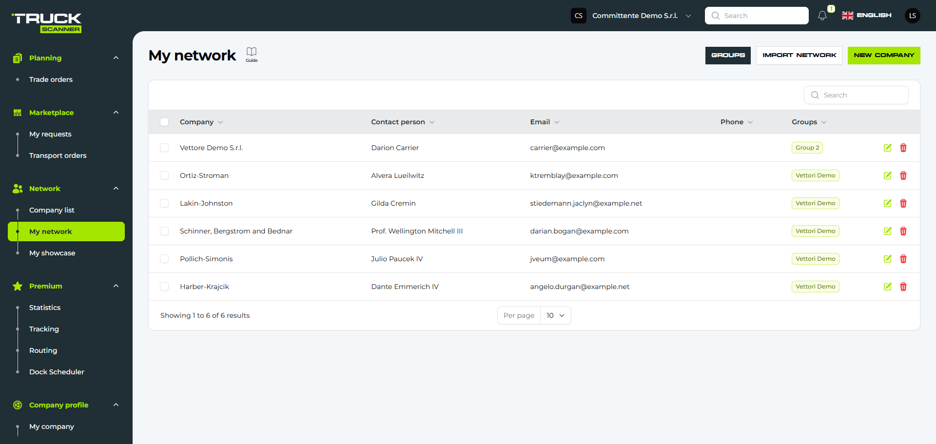 My network page with contacts table