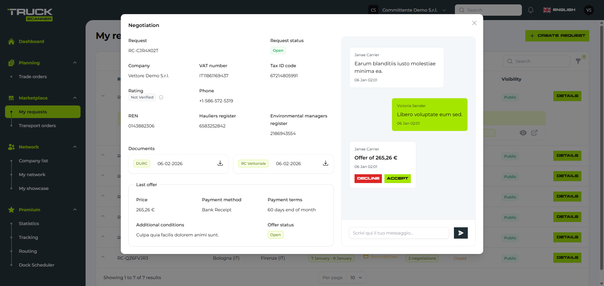 Trattativa con vettore
