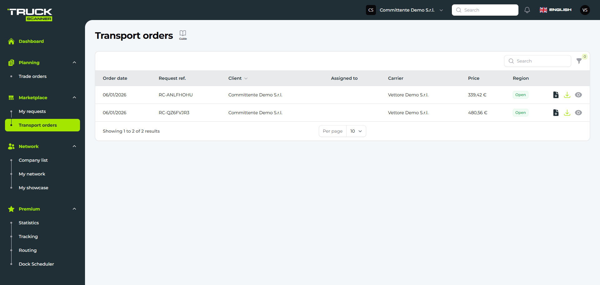 Transport orders section