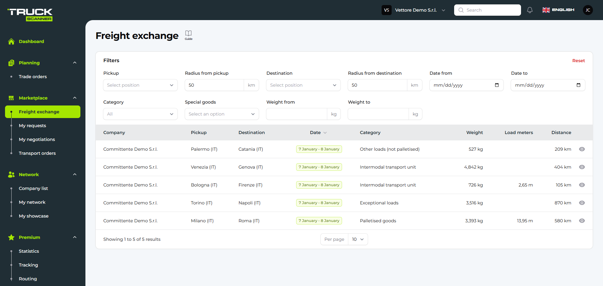 Navigation menu with Freight exchange highlighted