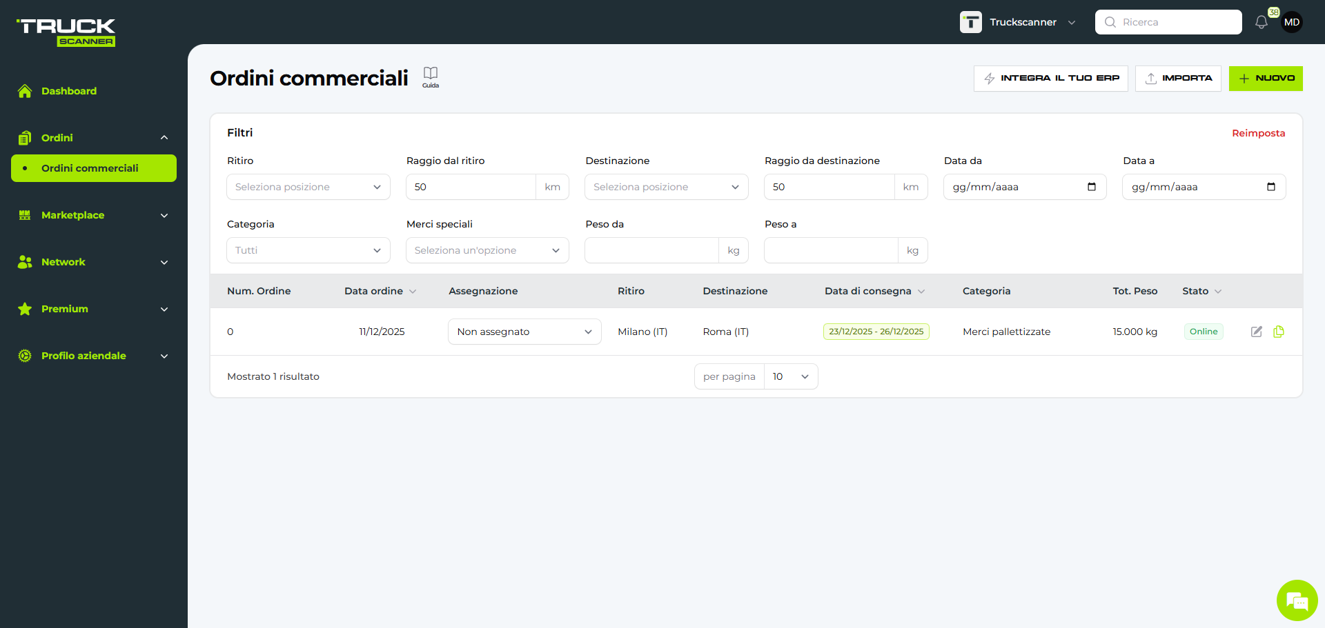 vista generale della pagina Ordini Commerciali con tabella e filtri