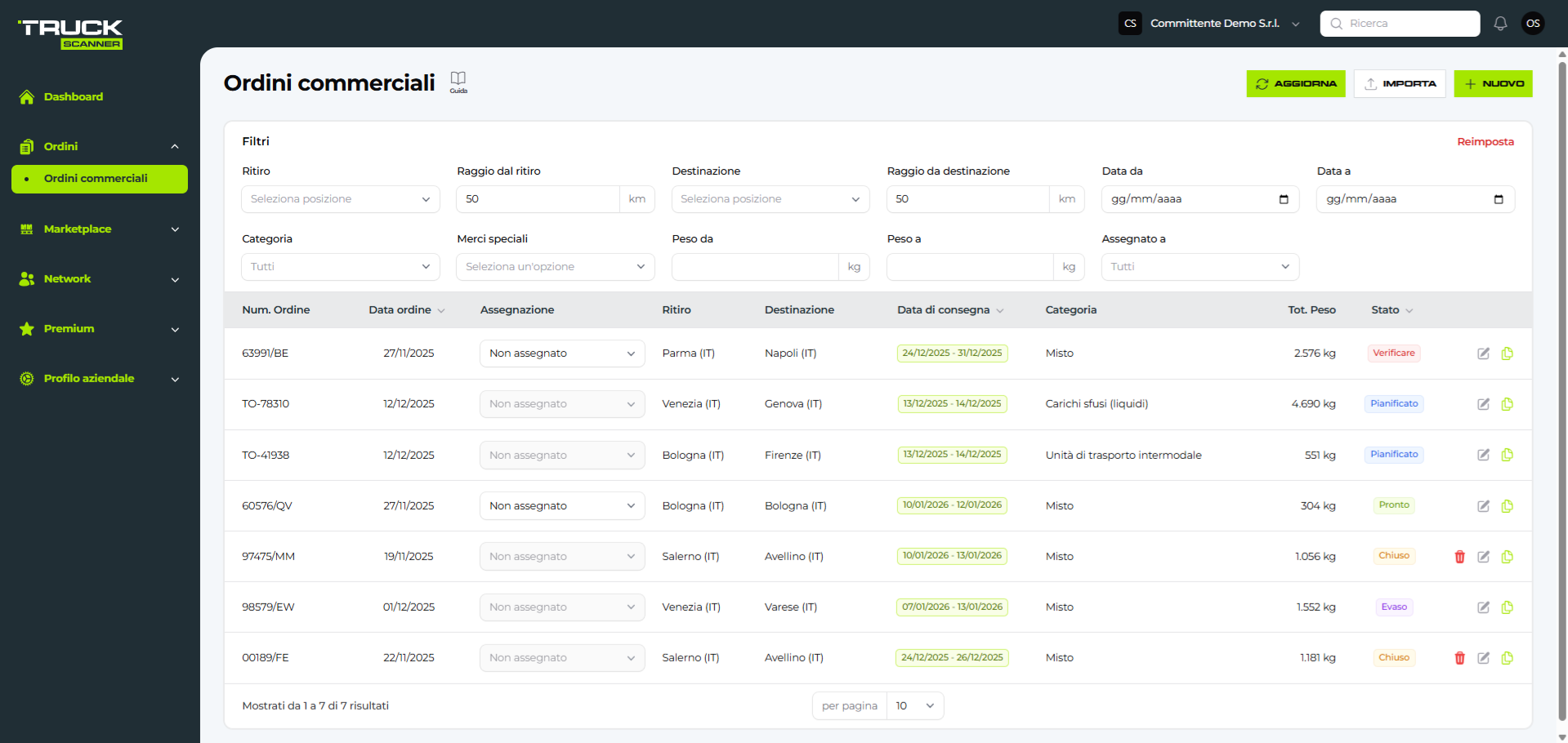 pulsanti Aggiorna, Importa e Nuovo in alto a destra
